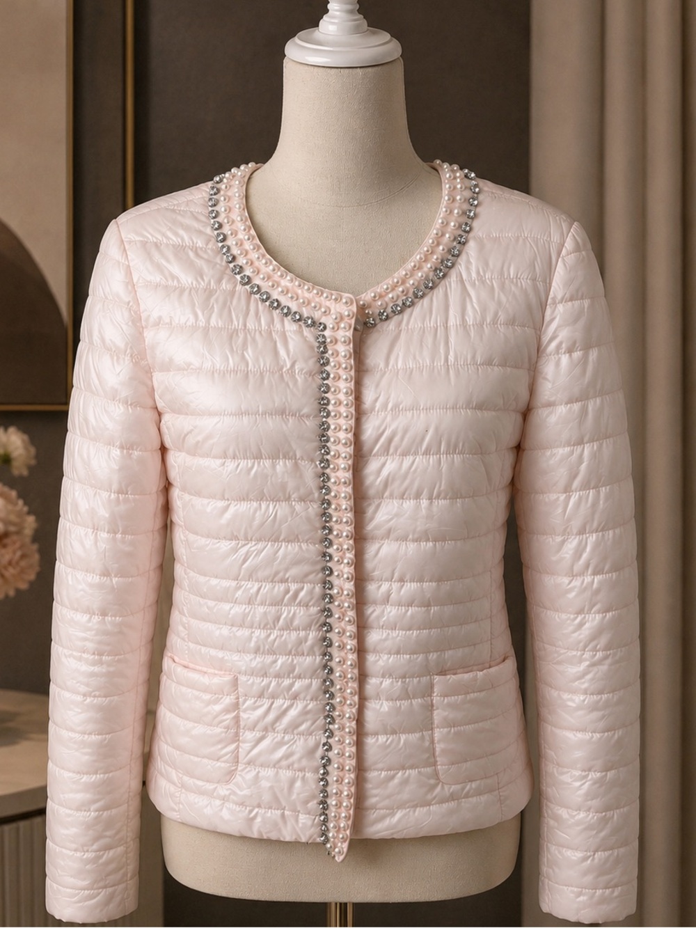 Lightweight Blush Pink Pearl & Rhinestone Quilted Jacket – XL SIZE